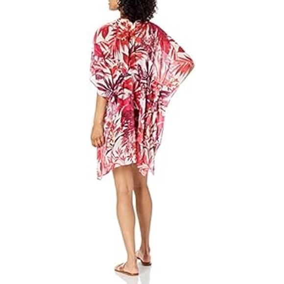 Profile by Gottex Escape In Bali Red Floral Sheer Caftan Cover Up SZ M - Picture 2 of 12